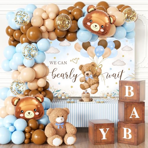 Blue Bear Baby Shower Decorations for Boy 124pcs Bear Party Decorations with Blue and Brown Balloon Arch Kit Backdrop Wood Grain Baby Boxes for Boy Baby Shower Decor