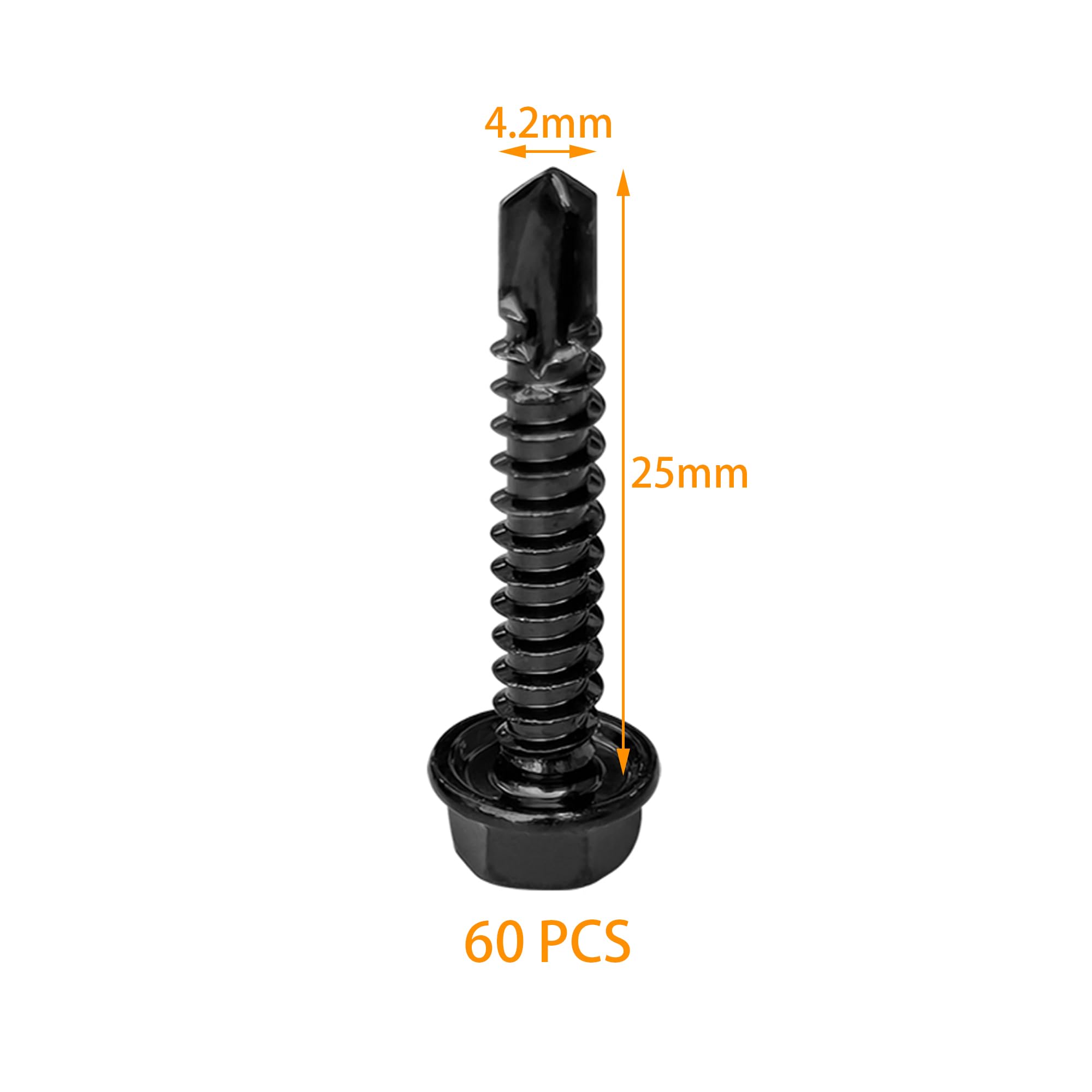 60 PCS Hex Head Self-Tapping Screws for Metal,Black 410 Stainless Steel Self-Drilling Screws (M4.2 * 25mm) - Image 4