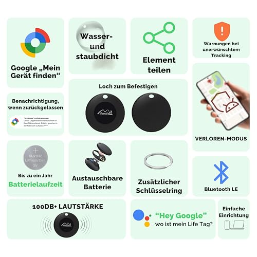 Lifemate Life Tag 4er-Pack – Bluetooth Smart Tag Android mit „Mein Gerät Finden“-App, Wasserdicht, Lange Batterielaufzeit Tracker Android – Perfekt für Schlüssel, Taschen, Haustiere und Gepäck