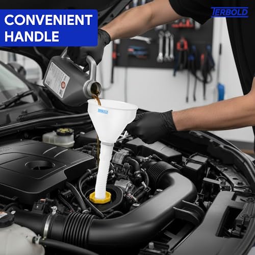 Image of Automotive Flex Funnel with Hose | Wide Mouth Flexible Oil Funnel for Automotive Use - Gas, Transmission Fluid, Car Fuel, Oil Change (White)