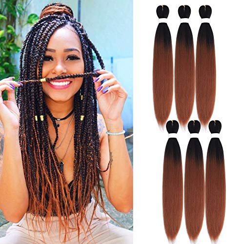 Pre-stretched Braiding Hair 6 Packs Yaki Texture Hot Water Setting Synthetic Fiber Crochet Braiding Hair Extension (24Inch, T1B/30)