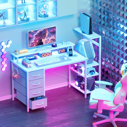 Image of 51 Inch Gaming Desk with LED Lights and Power Outlets, Computer Desk with Storage Shelves, Fabric Drawers, Monitor Stand & Side Hook, Reversible Gamer Table for Home Office, Carbon Fiber White