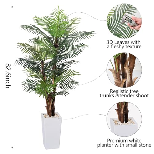 Artificial Palm Tree 7FT, Fake Tree with Realistic Fiber Trunks and White Tall Planter, Faux Tropical Areca Floor Plant in Pot, Artificial Silk Plant for Home Decor Office Decor Indoor