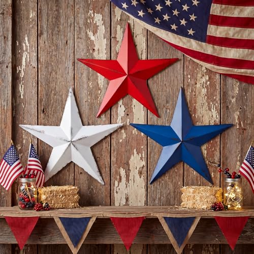 Shimeyao 3 Pcs 12 Metal Barn Stars for Outside Wall Decor 3D Hanging American Flag Red White and Blue Wall Art Labor Day Veterans Day Election Country Rustic Farmhouse Art Decor
