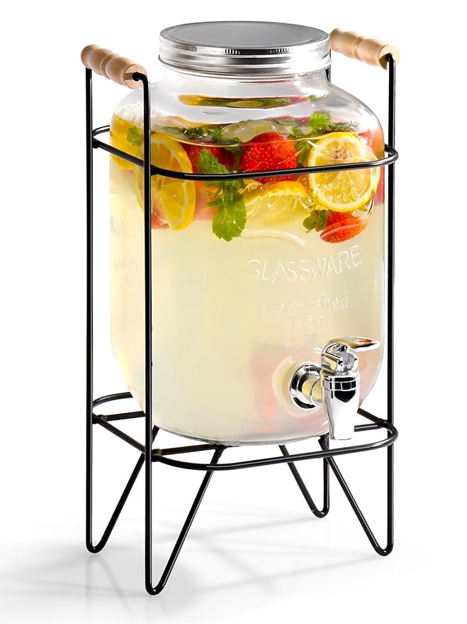 Image of Glass Beverage Dispenser with Metal Stand, 5 Liter Drink Container with Spigot and Wooden Handle Perfect ForJuice Infused Water Beer Dispenser Party,Bars,Home & Restaurants Set of 1