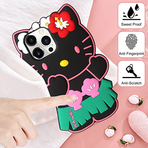Honeyake Cat Case 3D Cartoon For Iphone 14 Pro Max Phone Case With Bracelet Chain, Kids Girls Women Cool Fun Cute Kawaii Animal Cases Soft Silicone Funny Unique Character Protective Cover Black/Pink #TOP1