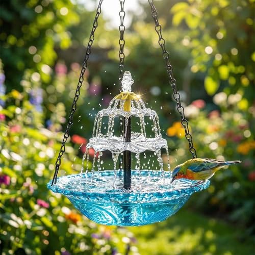 Pipihome Vogeltränke Hängend Vogeltränke mit Solar Springbrunnen 3 Stufig Solarbetriebenes Vogelbad mit Metallketten zum Aufhängen für Garten Hof Terrasse Lockt Vögel