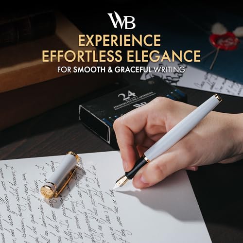 Image of Wordsworth & Black Luxury Fountain Pen Set for Writing, Medium Nib, White | Gift for Men & Women, Brass Body, 18K German Iridium, Calligraphy, Converter + 24 Ink Cartridges, Refillable, Leak-Free