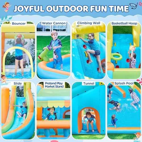 Yaheetech Inflatable Bounce House, Water Bouncer Castle for Kids Aged 3-10 W/Splash Pool, Toy Market Stand, Bouncer Area, Slide, Climbing Wall, Storage Bag, 520W Blower for Outdoor Backyard