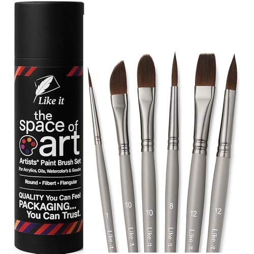 Image of Like It SilkyTouch Artist Paint Brush Set - 6-Piece Versatile Synthetic Brushes for Gouache, Acrylic, Watercolor&Oil Painting|Short Handle| Includes Round,Filbert,Dagger,Flat Shapes with Brush Holder