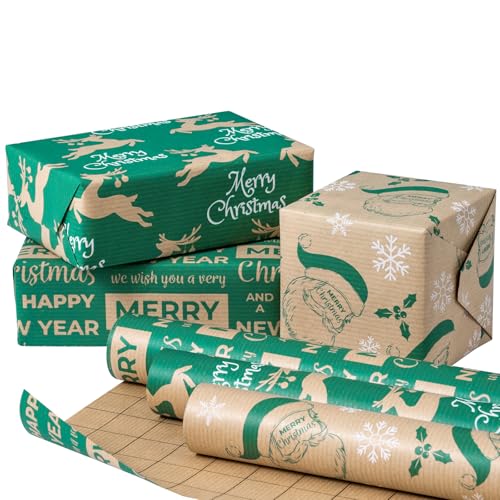 RUSPEPA Weihnachts-Geschenkpapierrolle aus Kraftpapier – 43,2 cm x 3 m pro Rolle, insgesamt 3 Rollen – Weihnachtsmann, Rentier und Text