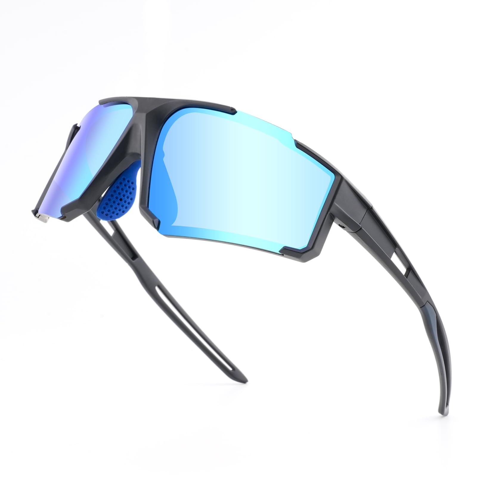 Solsun Polarized Cycling Sunglasses: Wrap Around UV Protection, Sports for Men/Women (Black Frame-Blue Lens)