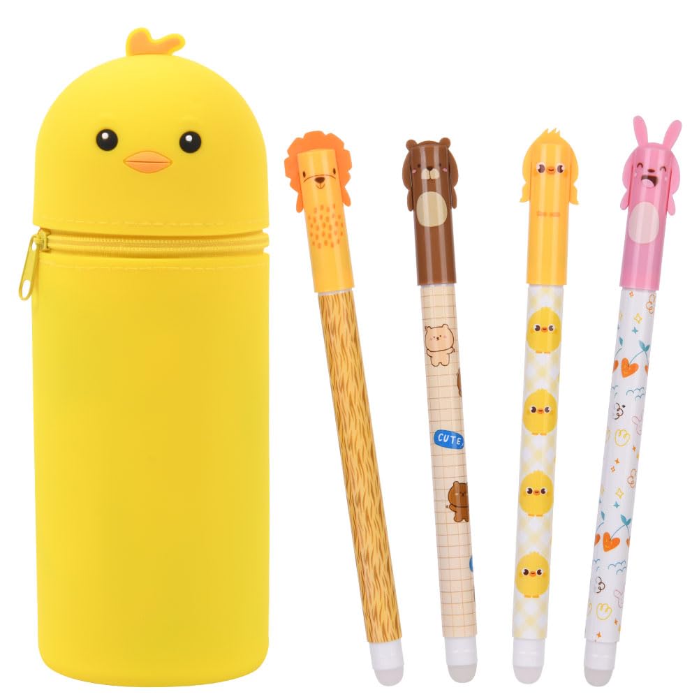 OFFCUP 2 in 1 Soft Silicone Pencil Case, Filled Pencil Case with 4pcs Erasable Gel Pens, Kawaii Chicken Zipper Pen Holder, Pen Pouch for Office Home or School Back to School Children's Day Gifts