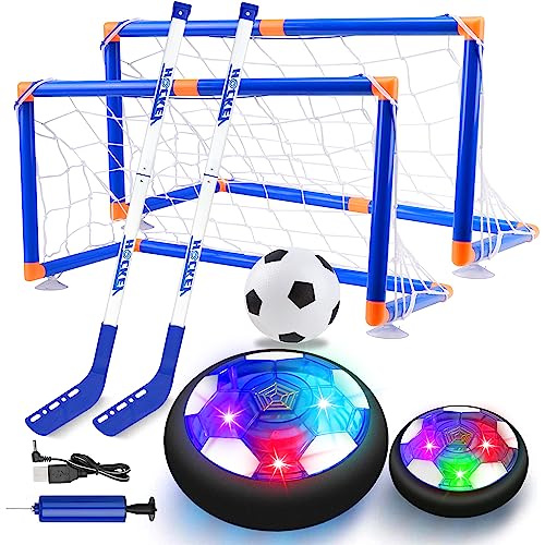 SUNACE 3 in 1 Balón Fútbol Flotant – Recargable Hockey Pelota con 2 Porteria Futbol Niños Air Power Soccer con Protectores de Espuma Suave y Luces LED Juguete Niños para Regalos Cumpleaños Navidad