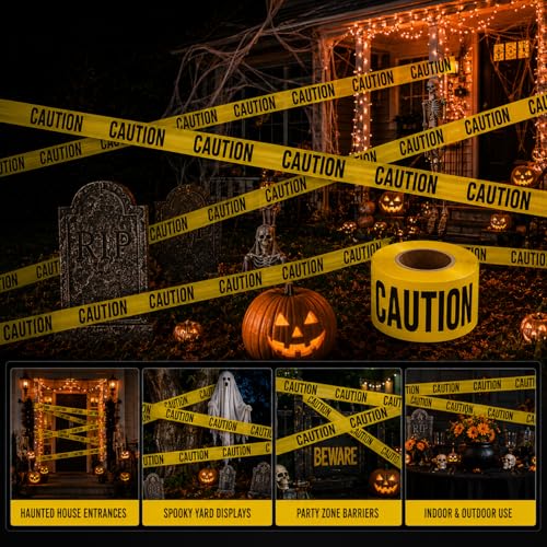 Image of ATERET Premium Yellow Caution Tape 12-Pack 3 inch x 1000 feet, Hazard Safety Tape, Construction Tape for Danger /Hazardous Area, Ideal Use for Halloween Decorations, Party, Work-Site