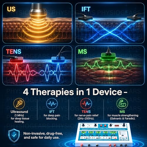 Image of Physiogears Combo 4-in-1 Physiotherapy Equipment | Ultrasound + IFT 45 Programs + TENS + MS Muscle Stimulator | Digital Pain Relief Therapy Machine with Electrode Pads