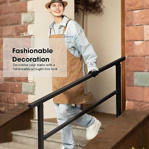 Image of VIVOSUN 5-Step Stair Handrail 69 inchx36 inch Wrought Iron Porch Railing Black | Sturdy wrought iron handrail for elderly and family; rustproof black; full hardware included; for porch, deck, concrete steps