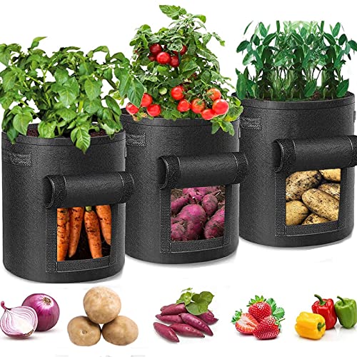 Keyck Bolsa de Cultivo de Plantas 10 Galones 3 Piezas Bolsas para Cultivo de Papa No Tejidas Transpirable con Asas y Ventanas Bolsas para Macetas Hortalizas de Cultivo/Patata/Zanahoria (Negro) Cover