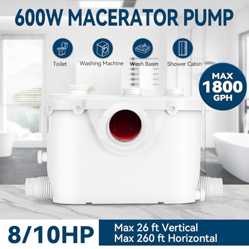 Image of 600W Macerator Pump Toilet Pump Upflush to 26FT 1800GPH Utility Sink Pump with 4 Water Inlets 1 Outlets Macerating Toilet System for Toilet Sink Shower Laundry Kitchen Basement