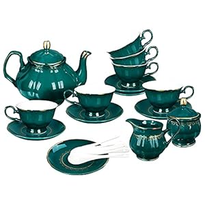 fanquare 21 Stuks Europese Porseleinen Thee Set met Theepot, Suikerpot, Melkkan, Vintage Koffie Set met Gouden Randje, Beker en Schotel Set Van 6, Bruiloft Theeservies voor Volwassenen, Groen