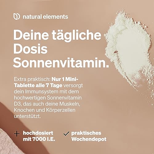 natural elements Vitamin D3 7000 I.E. – 180 Tabletten – das Sonnenvitamin als Wochendepot – hochdosiert, ohne unnötige Zusätze – in Deutschland produziert & laborgeprüft