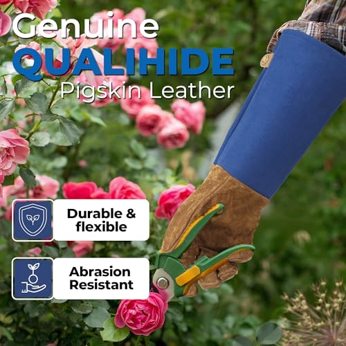 Image of HANDLANDY Rose Pruning Gloves for Men Women, Thorn Proof Gardening Gloves | Long Leather Gardening Gloves, Breathable Leather Gauntlet, Best Garden Gifts & Tools for Gardener (Blue, L)