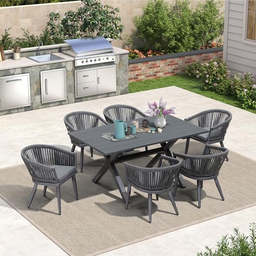 Image of PURPLE LEAF 7 Pieces Outdoor Dining Set with Patio Aluminium Dining Table and Wicker Rattan Chairs Modern Furniture Cushions Sets for Backyard Indoor Decor Kitchen Grey