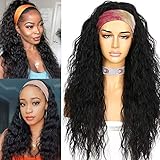 26 Inches Loose Curly Headband Wig Synthetic Black Glueless None Lace Front Synthetic Wigs for Black Women Easy to Ware Long Wavy Half Wigs with Headband Magic Tape (130% Density, #1B)