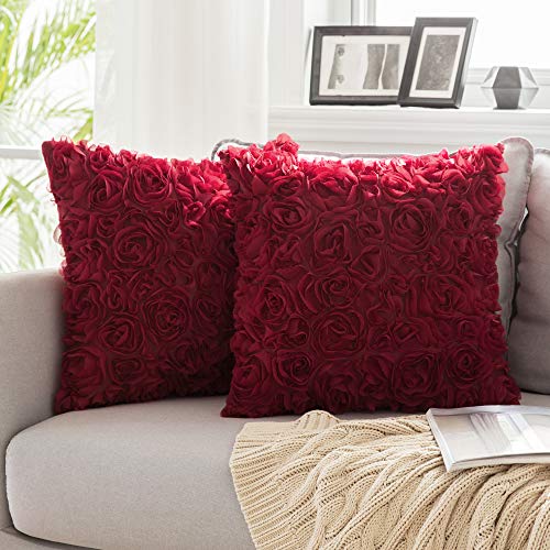 MIULEE Pack of 2 3D Decorative Romantic Stereo Chiffon Rose Flower Pillow Covers Solid Square Pillowcases for Valentines Day Decoration Sofa Bedroom Car 16x16 Inch 40x40cm Wine Red Wedding