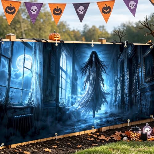 Image of Halloween Garage Door Decorations 7 x 16 ft, Ghost Corridor Cover