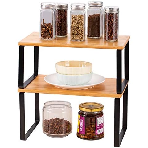 HAITRAL Cupboard Shelf Organiser, Set of 2 Kitchen Shelf Organizer, Expandable Stackable Metal & Bamboo Storage Shelves for Spice Bottle, Cup, Tin Can Cover