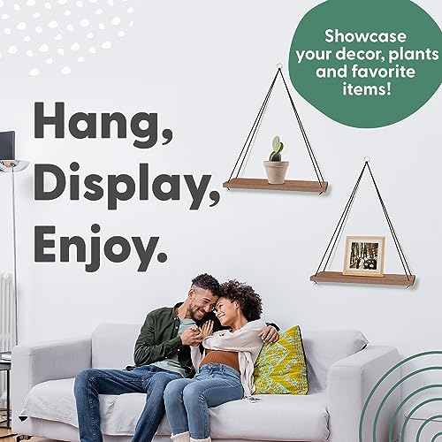 Wall Hanging Shelf Modern Boho - Wood Hanging Shelves for Wall - Farmhouse Rope Shelves for Bedrooms Living Room Bathroom Kitchen - Rustic Shelves - Hanging Wall Shelf Decor - Floating Shelves Wood