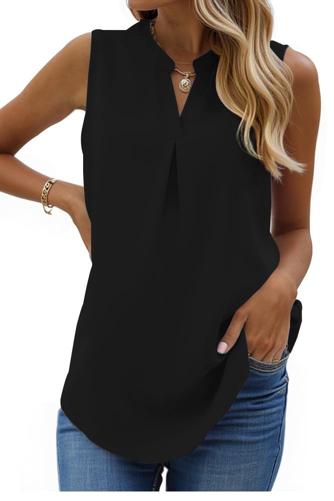 isermeo Womens Tank Tops Pleated V Neck Sleeveless Summer Shirts Loose Casual Tank Tops Blouse S-XXL