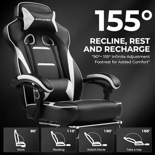 GTPLAYER Gaming Chair with Footrest, Big and Tall Game Chair 350lb Racing Style Computer Chair, Ergonomic Executive Office Chair High Back with Lumbar Support and Recliner, White