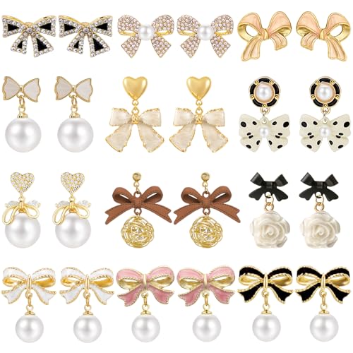 NEWITIN 12 Pairs Bow Earrings for Women Hypoallergenic Earring Gold Bowknot Earrings Ribbon Bow Dangle Earring for Women