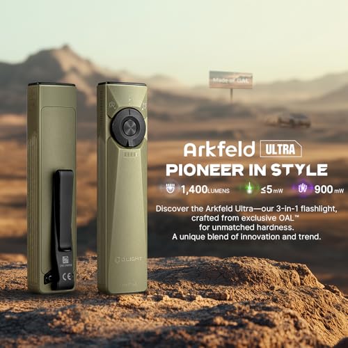 OLIGHT Arkfeld Ultra Cool White 1400 Lumens EDC Flat Flashlight Bundle with I1R 2 Pro Eos 180 Lm Rechargeable Keychain Flash Light