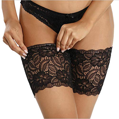 QueenDer Bandas de Elásticas Muslo Mujer Elástico Encaje Silicona Anti-chafing Antideslizantes Invisible Calcetines Thigh Bandas Previene Rozaduras 1 par (Negro 2, D 58-68cm)
