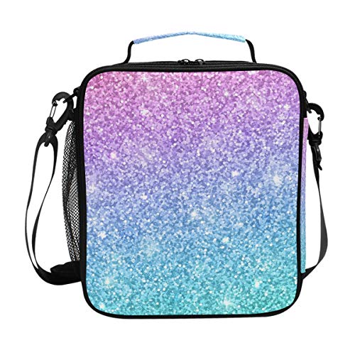 Insulated Lunch Box Pink Blue Glitter Large Lunch Bag Warmer Cooler Meal Prep Lunch Tote with Shoulder Strap for Women Boys Girls