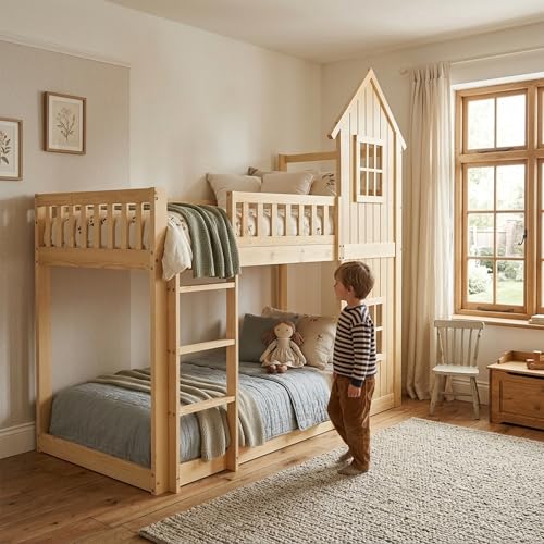 Azkoeesy Montessori - Litera de 90 x 200 cm, madera de pino natural, con barandilla de seguridad y ventanas decorativas