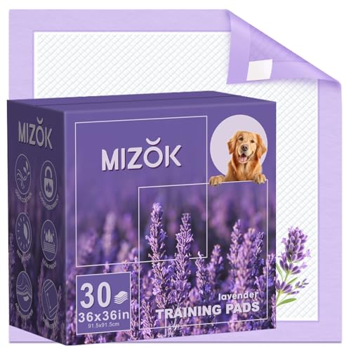 Image of MIZOK Dog Pee Pads 36x36in, Extra Large Pee Pads for Dogs, Keeps Fresh & Clean, Ultra Absorbent Up to 11 Cups, 6 Layers Leak-Proof, Purple Lavender Color (30 Counts)