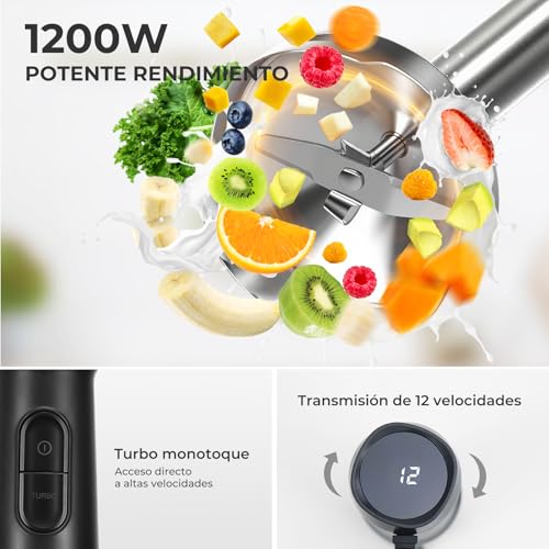 Batidora de Mano 1200W - 12 Velocidades + Turbo | Para Sopas, Purés (Bebés), Salsas y Batidos | Incluye Vaso Medidor 800ml, Picadora 600ml y Espumador de Leche | Acero Inoxidable | Fácil de Limpiar - imagen 4