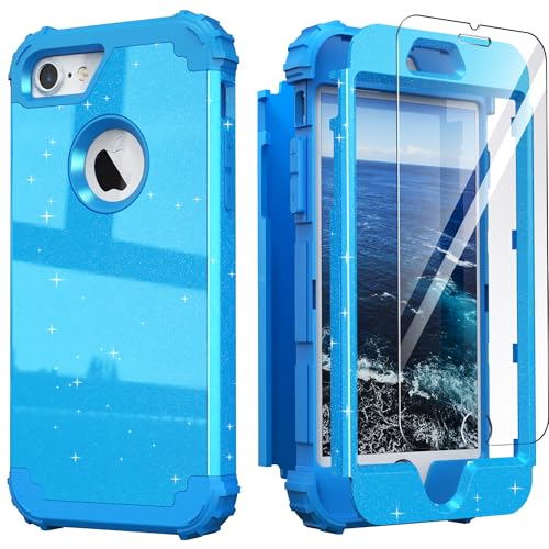 IDweel for iPhone 8 Case & for iPhone 7 Case with Screen Protector,Luxury 3 in 1 Shockproof Hybrid Heavy Duty Hard PC Cover Soft Silicone Sturdy Bumper Full Body Sturdy Cover,Glitter Sky Blue