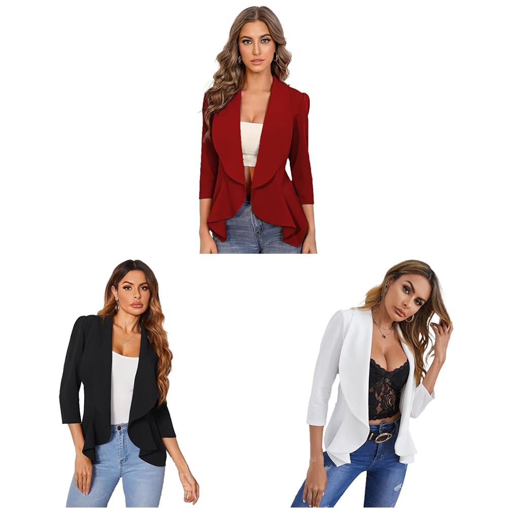 kotty Women's Single Breasted Relaxed Fit Shawl Collar Blazers in Coal Black & Snow White.-picture-15