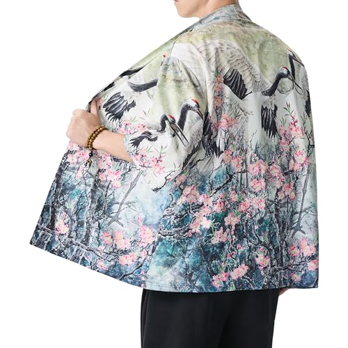 Image of PRIJOUHE Men's Lightweight Kimono Jacket Seven Sleeve Open Front Cardigan Coat Japanese Style Bathrobe