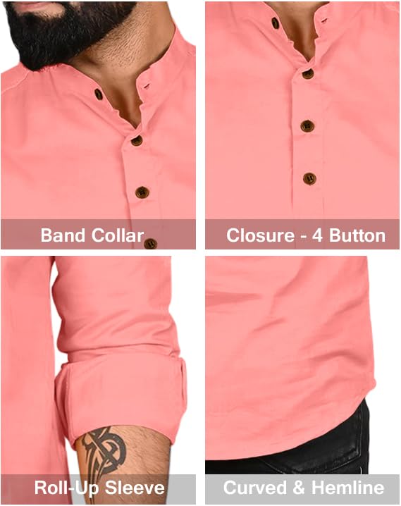 Image of ROYALSCOUT Men Cotton Blend Short Kurta with Mandarin Collar and Button Placket | Full Sleeve Regular Fit Ethnic Wear for Casual and Festive Use