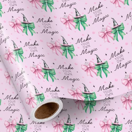 RUSPEPA Bow Christmas Wrapping Paper Roll for Girls Mini Roll Pink Green Bow Design with Witch Hat Stars and Make Your Own Magic Gift Wrap for Christmas 17 Inches x 16.4 Feet