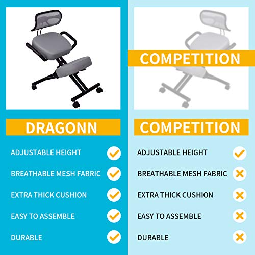 DRAGONN Ergonomic Kneeling Chair with Back Support, Adjustable Stool for Home and Office - Improve Your Posture with an Angled Seat - Thick Comfortable Cushions - Gray