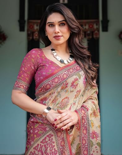 Image of SIRIL Women's Cotton Linen Printed Handloom Saree with Unstitched Blouse Piece
