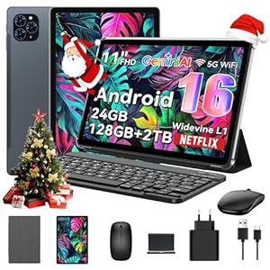 Tablet 2025 Das weltweit erste Android 16 Tablets mit Gemini AI, 11 Zoll FHD Display, 24GB RAM 128GB ROM / 2TB TF, 13MP Kamera, 8000mAh, Widevine L1, 5G WiFi, 2 in 1 - Tablet mit Tastatur und Stift