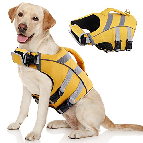 Kuoser Dog Life Jacket with Reflective Stripes, Adjustable High Visibility Dog Life Vest Ripstop Dog Lifesaver Pet Life Preserver with High Flotation Swimsuit for Small Medium and Large Dogs